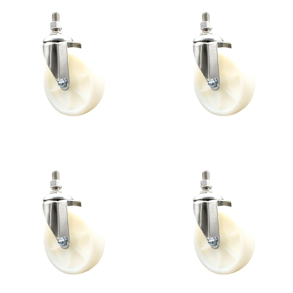 Nylon Swivel Stem Caster with 5 in. Caster Wheels, 0.38 in. Threaded Stems - 316 Stainless Steel Casters - Set of 4