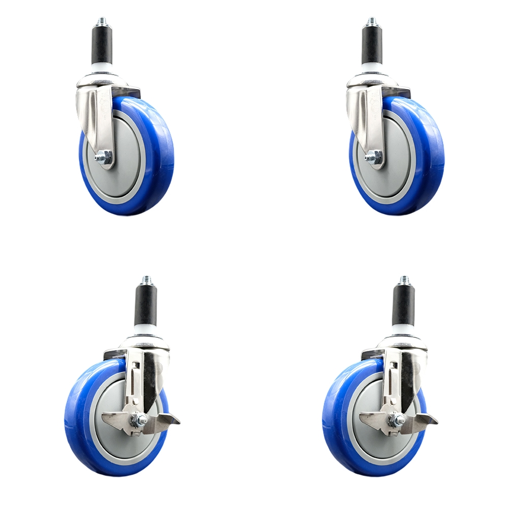Polyurethane Swivel Stem Caster with 5 in. Blue Caster Wheels, 1.25 in. Expanding Stems - 316 Stainless Steel Casters - Set of 4