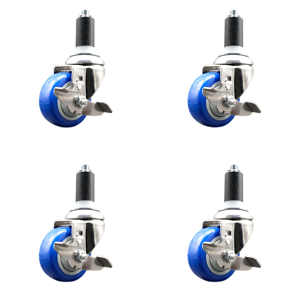 Polyurethane Swivel Stem Caster with 3.5 in. Blue Caster Wheels, 1.38 in. Expanding Stems - 316 Stainless Steel Casters - Set of 4