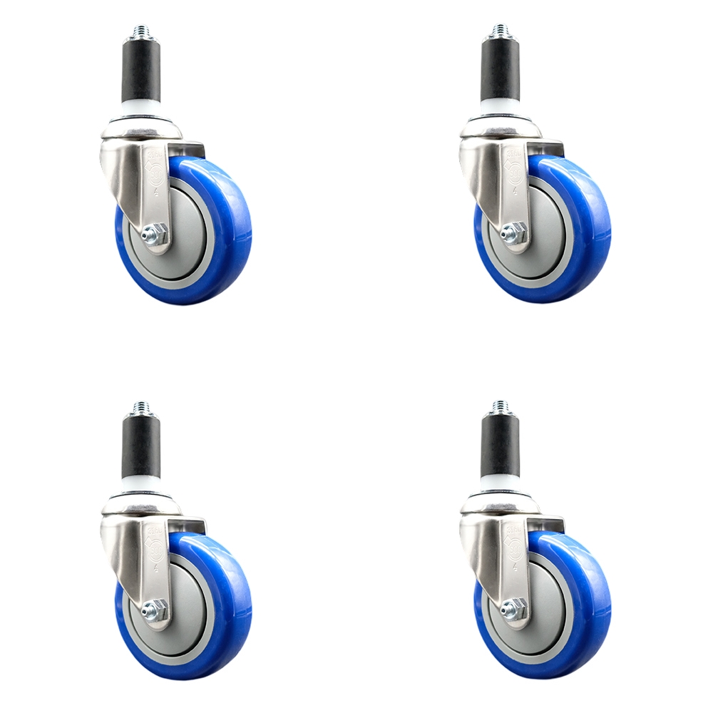 Polyurethane Swivel Stem Caster with 4 in. Blue Caster Wheels, 1.38 in. Expanding Stems - 316 Stainless Steel Casters - Set of 4