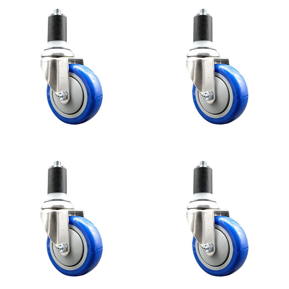 Polyurethane Swivel Stem Caster with 4 in. Blue Caster Wheels, 1.5 in. Expanding Stems - 316 Stainless Steel Casters - Set of 4