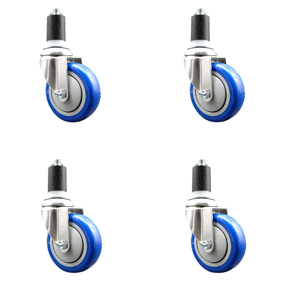 Polyurethane Swivel Stem Caster with 4 in. Blue Caster Wheels, 1.63 in. Expanding Stems - 316 Stainless Steel Casters - Set of 4