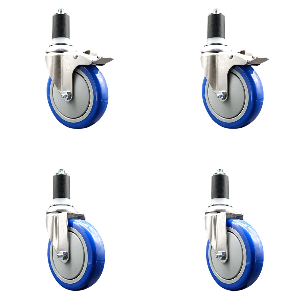Polyurethane Swivel Stem Caster with 5 in. Blue Caster Wheels, 1.63 in. Expanding Stem - 316 Stainless Steel Casters - Set of 4