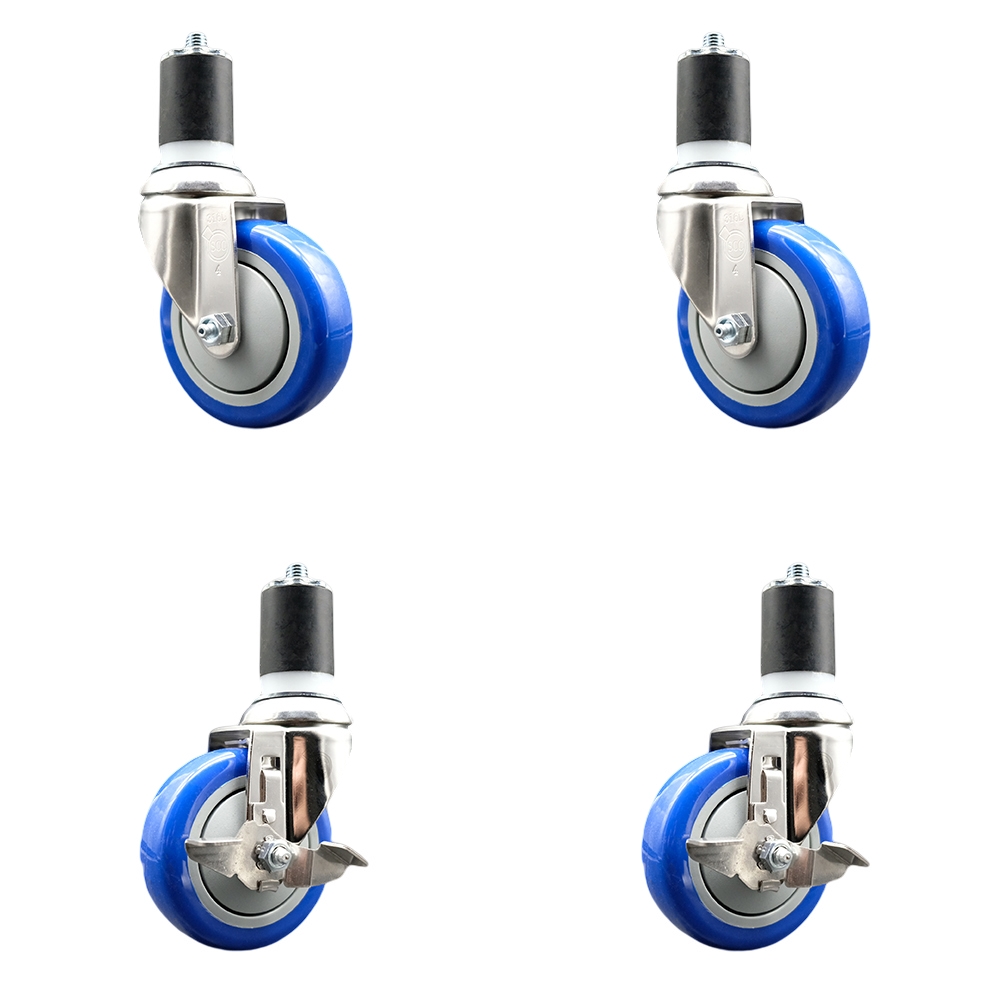 Polyurethane Swivel Stem Caster with 4 in. Blue Caster Wheels, 1.75 in. Expanding Stems - 316 Stainless Steel Casters - Set of 4