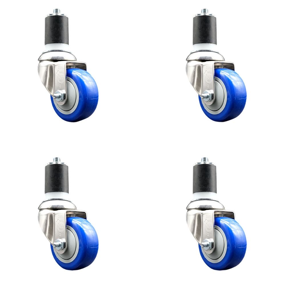 Polyurethane Swivel Stem Caster with 3.5 in. Blue Caster Wheels, 1.87 in. Expanding Stems - 316 Stainless Steel Casters - Set of 4