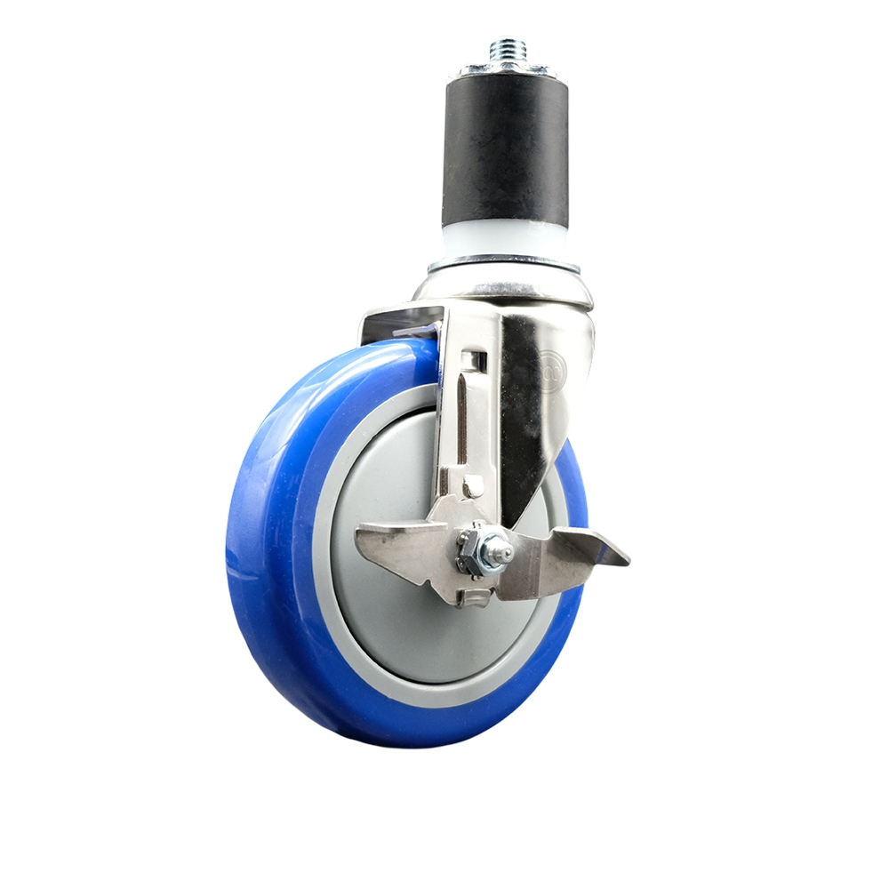 Polyurethane Swivel Stem Caster with 5 in. Blue Caster Wheels & Top Lock Brake, 1.87 in. Expanding Stem - 316 Stainless Steel Caster