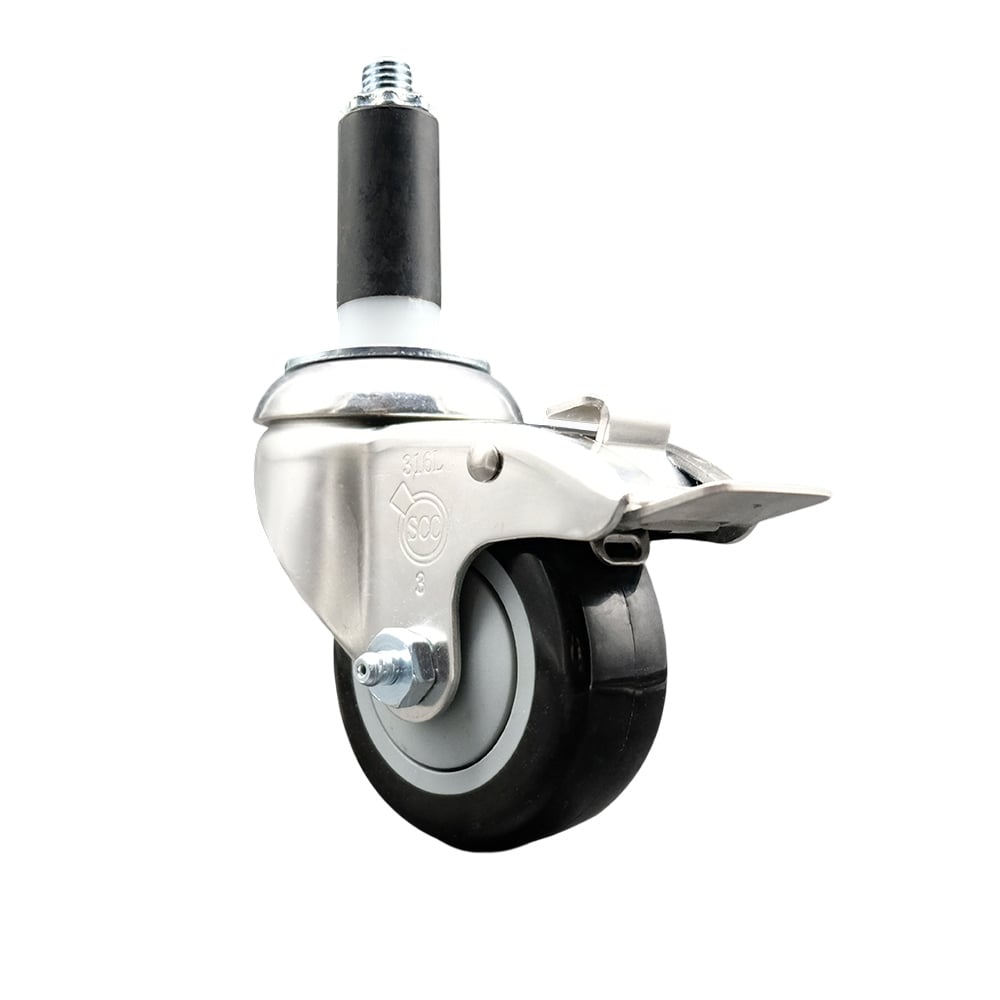 Polyurethane Swivel Stem Caster with 3.5 in. Black Caster Wheels & Total Lock Brake, 1 in. Expanding Stem - 316 Stainless Steel Caster
