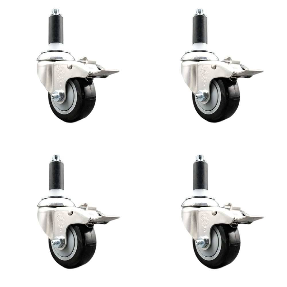 Polyurethane Swivel Stem Caster with 3.5 in. Black Caster Wheels, 1.13 in. Expanding Stems - 316 Stainless Steel Casters - Set of 4
