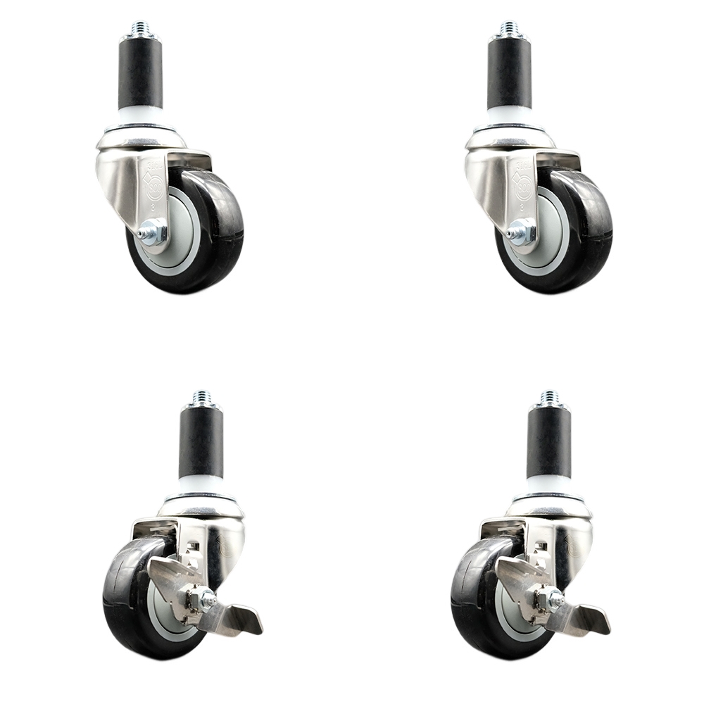 Polyurethane Swivel Stem Caster with 3 in. Black Caster Wheels, 1.25 in. Expanding Stems - 316 Stainless Steel Casters - Set of 4