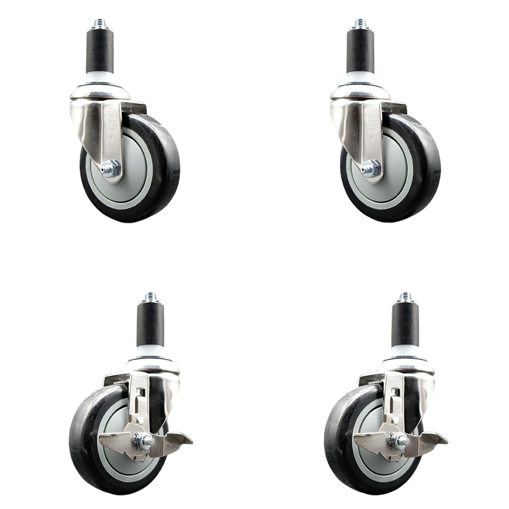 Polyurethane Swivel Stem Caster with 4 in. Black Caster Wheels, 1.25 in. Expanding Stems - 316 Stainless Steel Casters - Set of 4