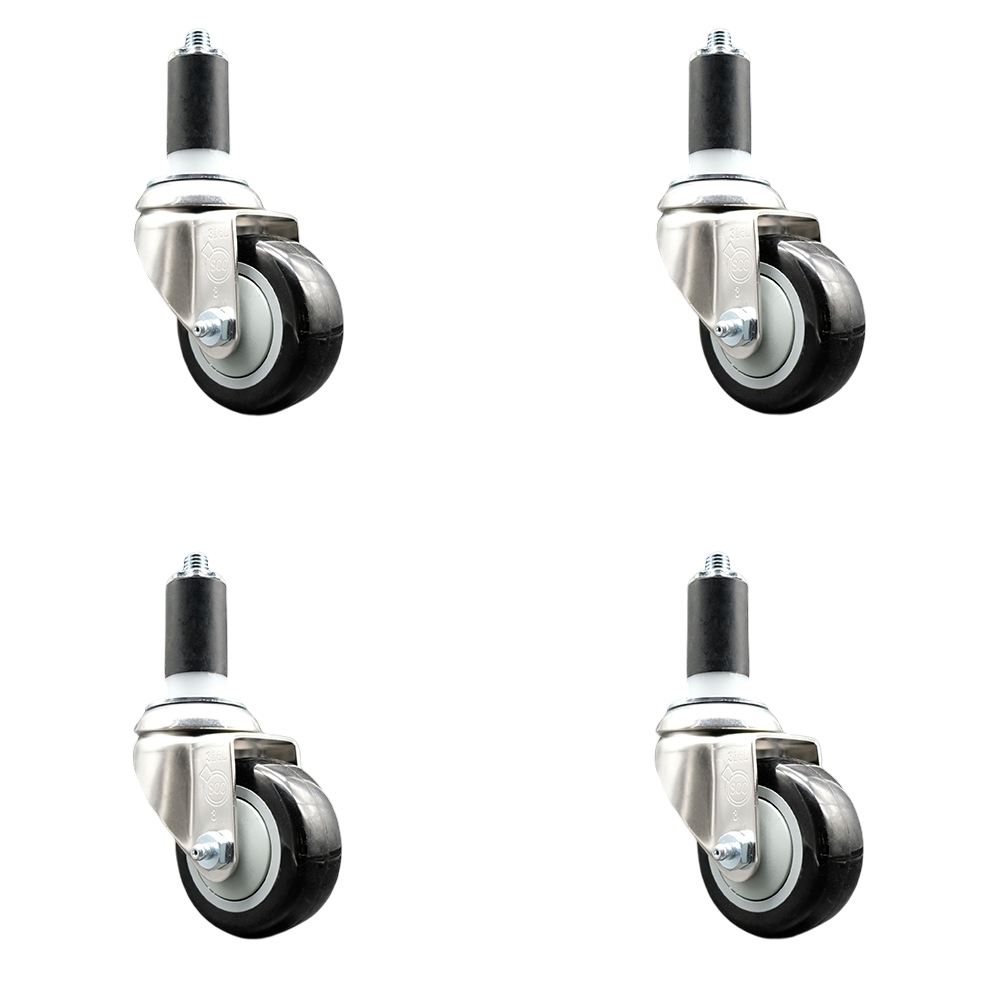 Polyurethane Swivel Stem Caster with 3 in. Black Caster Wheels, 1.38 in. Expanding Stems - 316 Stainless Steel Casters - Set of 4