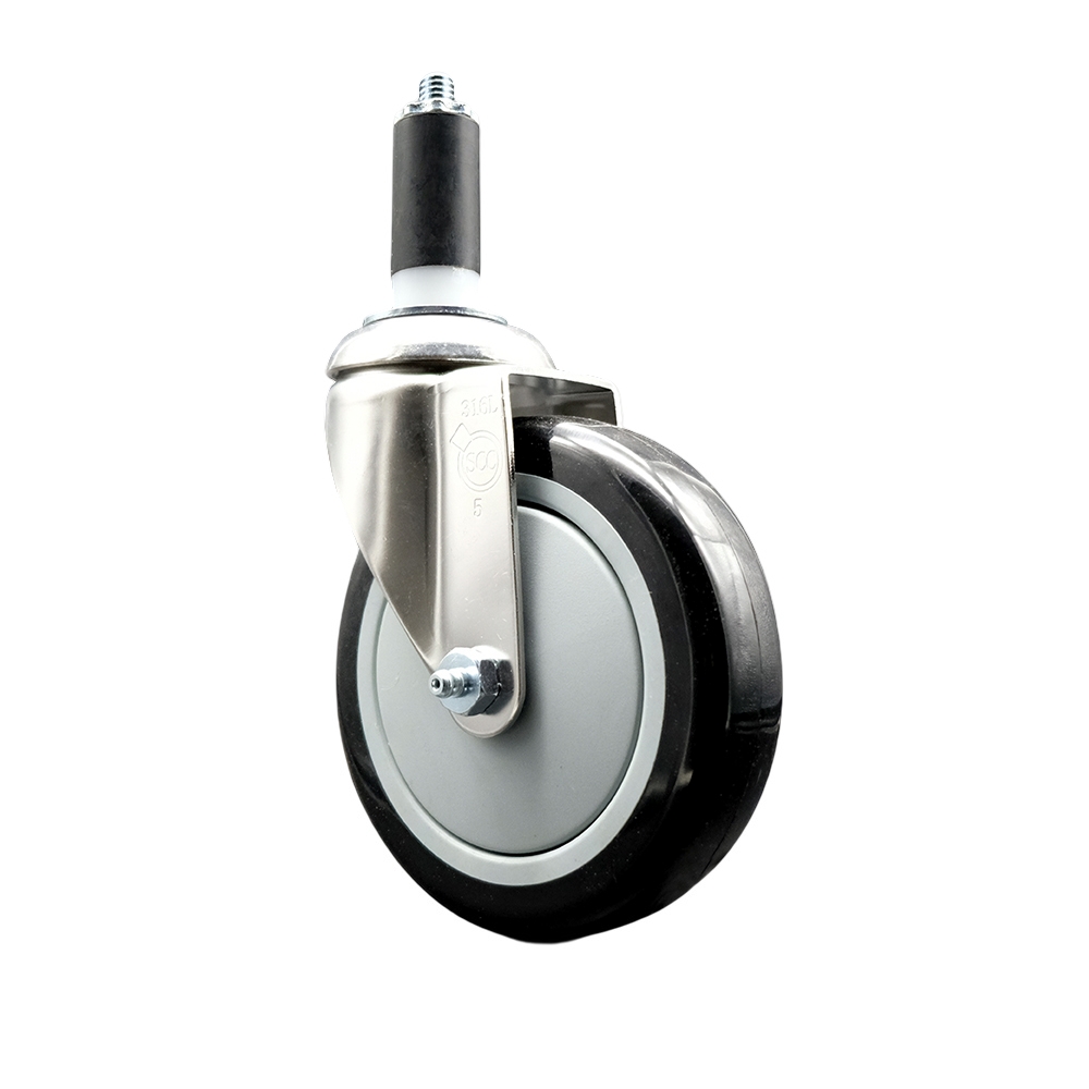 Polyurethane Swivel Stem Caster with 5 in. Black Caster Wheels, 1.38 in. Expanding Stem - 316 Stainless Steel Caster