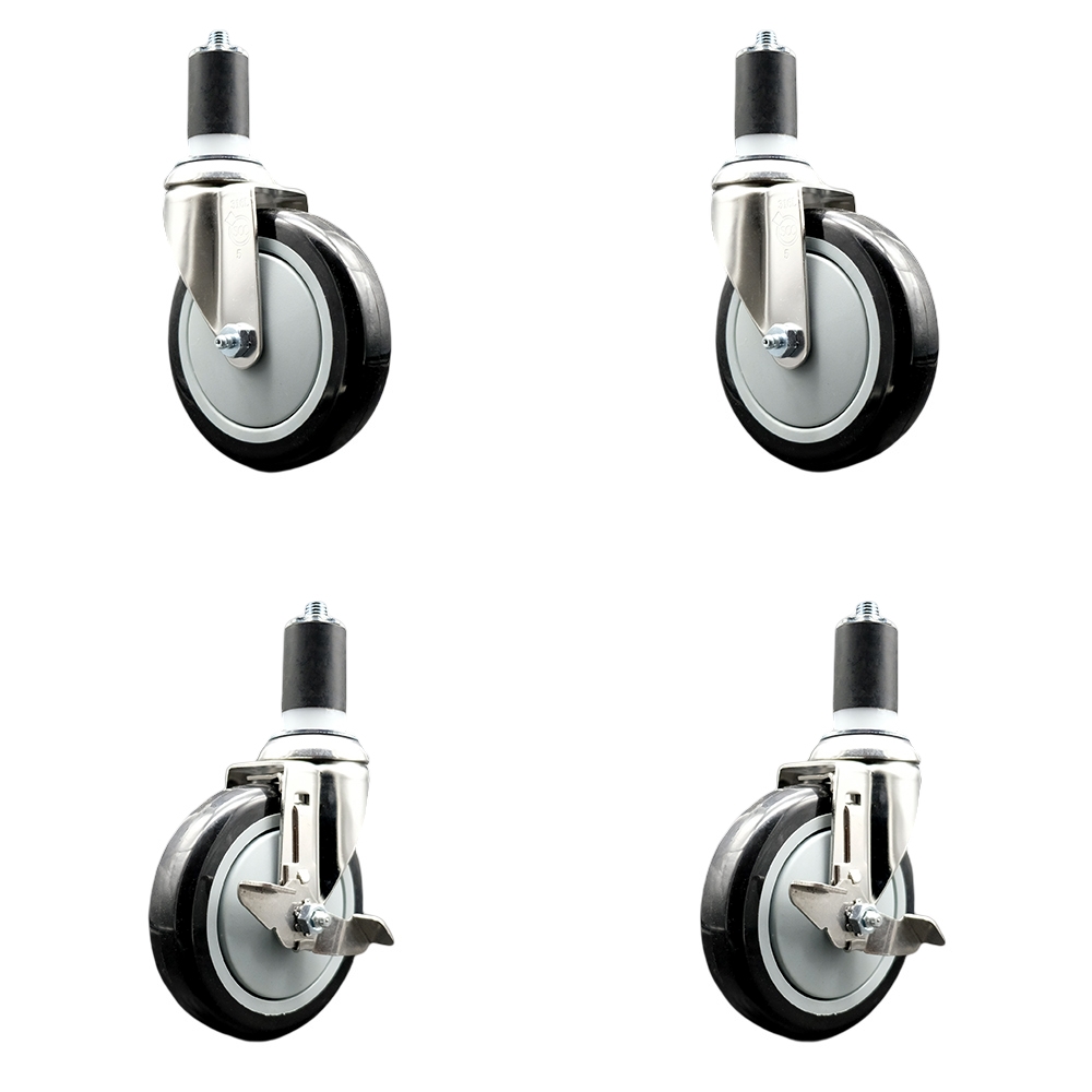 Polyurethane Swivel Stem Caster with 5 in. Black Caster Wheels, 1.5 in. Expanding Stems - 316 Stainless Steel Casters - Set of 4