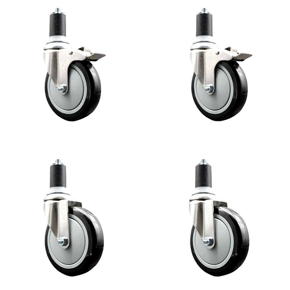 Polyurethane Swivel Stem Caster with 5 in. Black Caster Wheels, 1.5 in. Expanding Stem - 316 Stainless Steel Casters - Set of 4