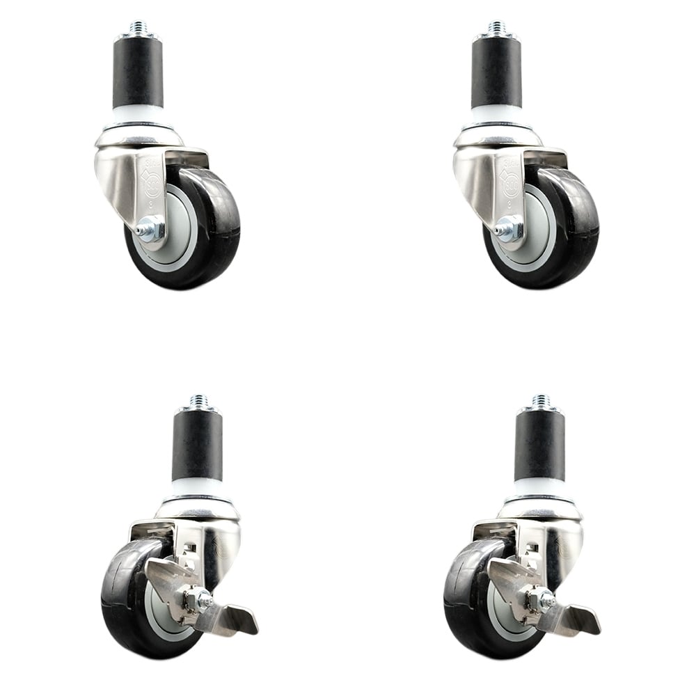 Polyurethane Swivel Stem Caster with 3 in. Black Caster Wheels, 1.63 in. Expanding Stems - 316 Stainless Steel Casters - Set of 4