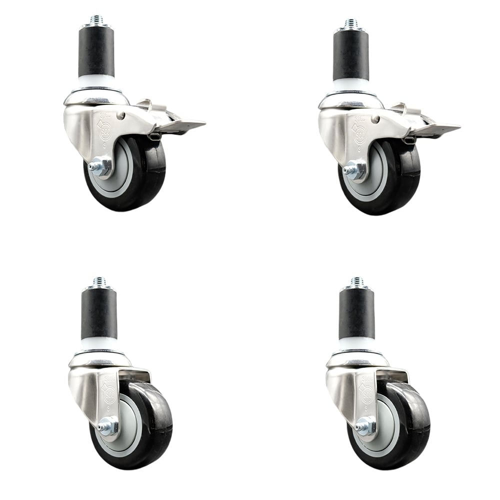 Polyurethane Swivel Stem Caster with 3 in. Black Caster Wheels, 1.63 in. Expanding Stem - 316 Stainless Steel Casters - Set of 4