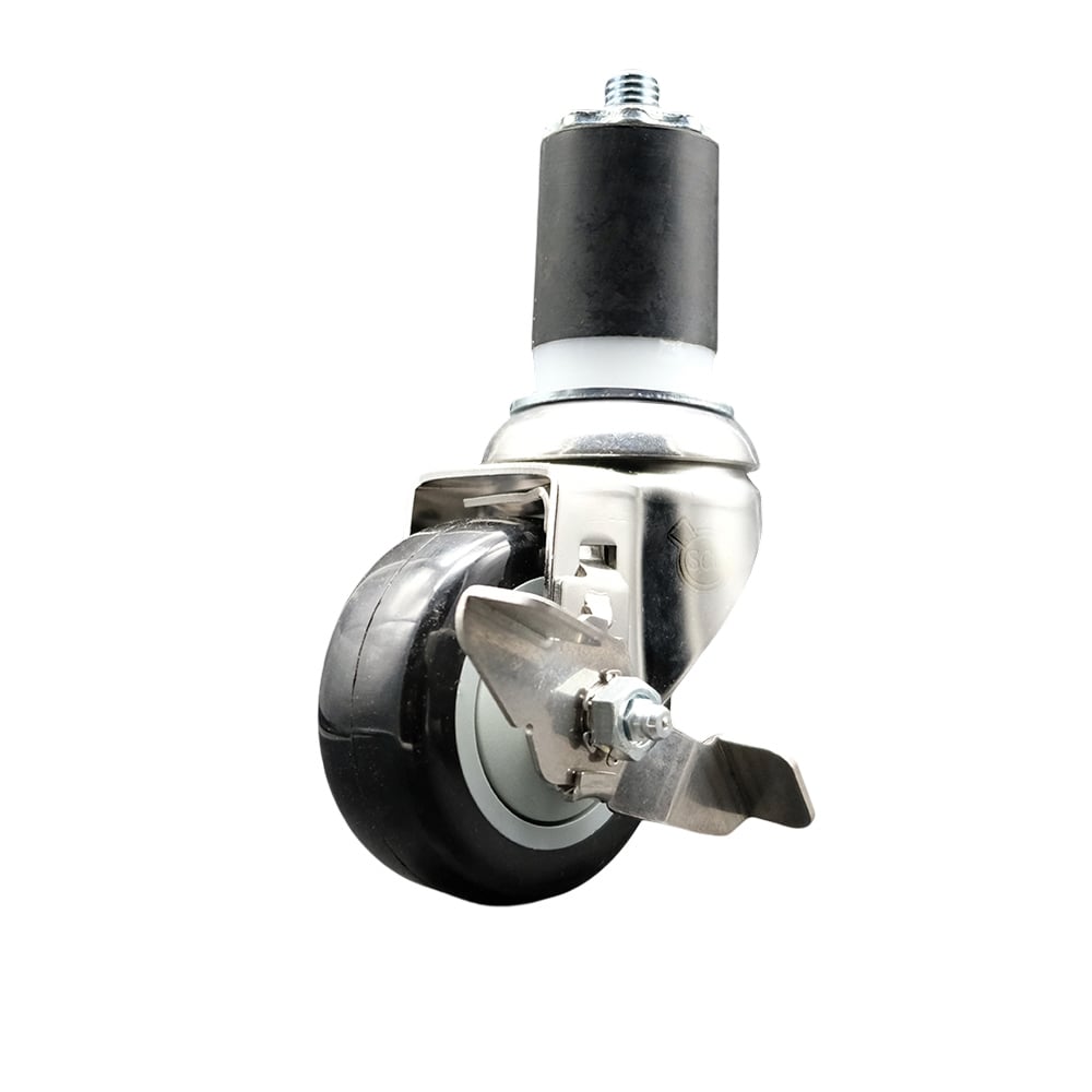 Polyurethane Swivel Stem Caster with 3 in. Black Caster Wheels & Top Lock Brake, 1.75 in. Expanding Stem - 316 Stainless Steel Caster