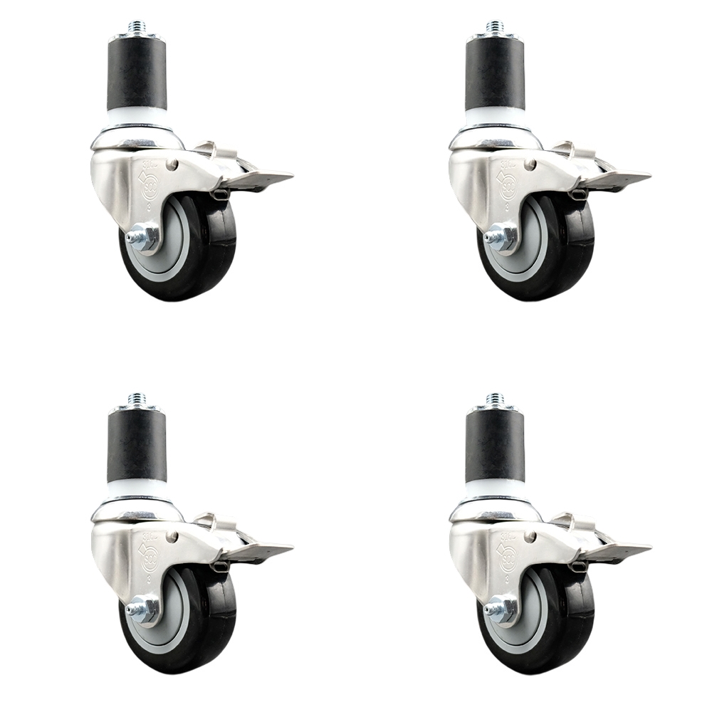 Polyurethane Swivel Stem Caster with 3 in. Black Caster Wheels, 1.75 in. Expanding Stems - 316 Stainless Steel Casters - Set of 4