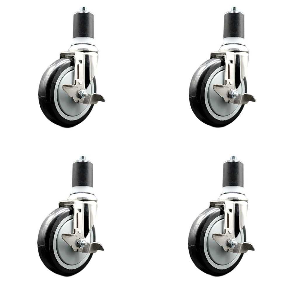 Polyurethane Swivel Stem Caster with 5 in. Black Caster Wheels, 1.75 in. Expanding Stems - 316 Stainless Steel Casters - Set of 4