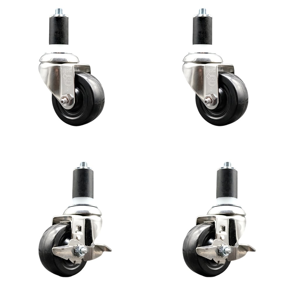 Hard Rubber Swivel Stem Caster with 3 in. Caster Wheels, 1.63 in. Expanding Stems - 316 Stainless Steel Casters - Set of 4