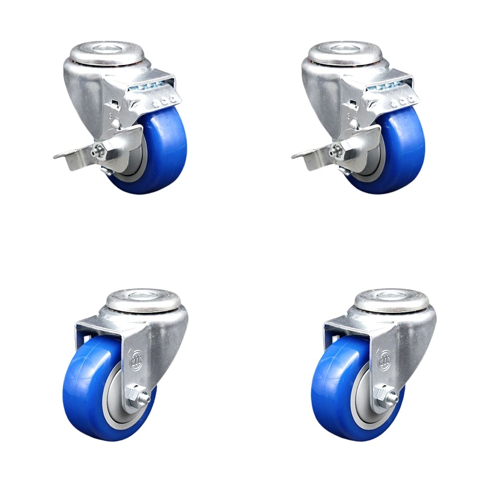 SCC-BH20S314-PPUB-BLUE-TLB-2-S-2 Polyurethane Swivel Bolt Hole Caster with 3 x 1.25 in. Blue Wheels - Set of 4