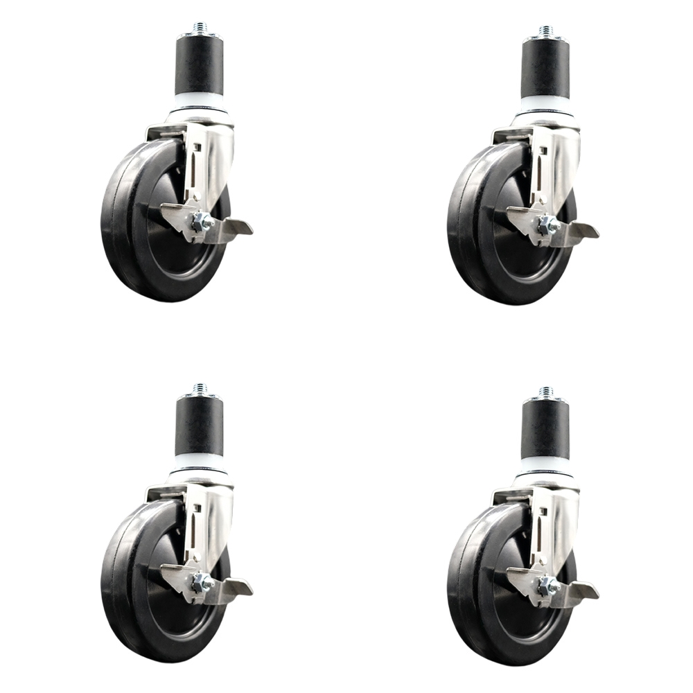 Hard Rubber Swivel Stem Caster with 5 in. Caster Wheels, 1.75 in. Expanding Stems - 316 Stainless Steel Casters - Set of 4
