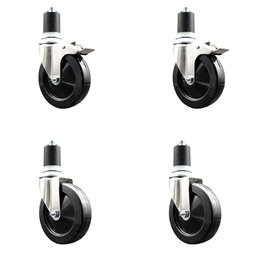 Hard Rubber Swivel Stem Caster with 5 in. Caster Wheels, 1.75 in. Expanding Stem - 316 Stainless Steel Casters - Set of 4