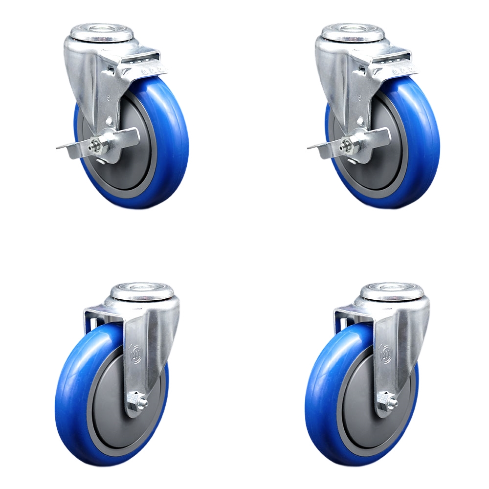 SCC-BH20S514-PPUB-BLUE-TLB-2-S-2 Polyurethane Swivel Bolt Hole Caster with 5 x 1.25 in. Blue Wheels - Set of 4