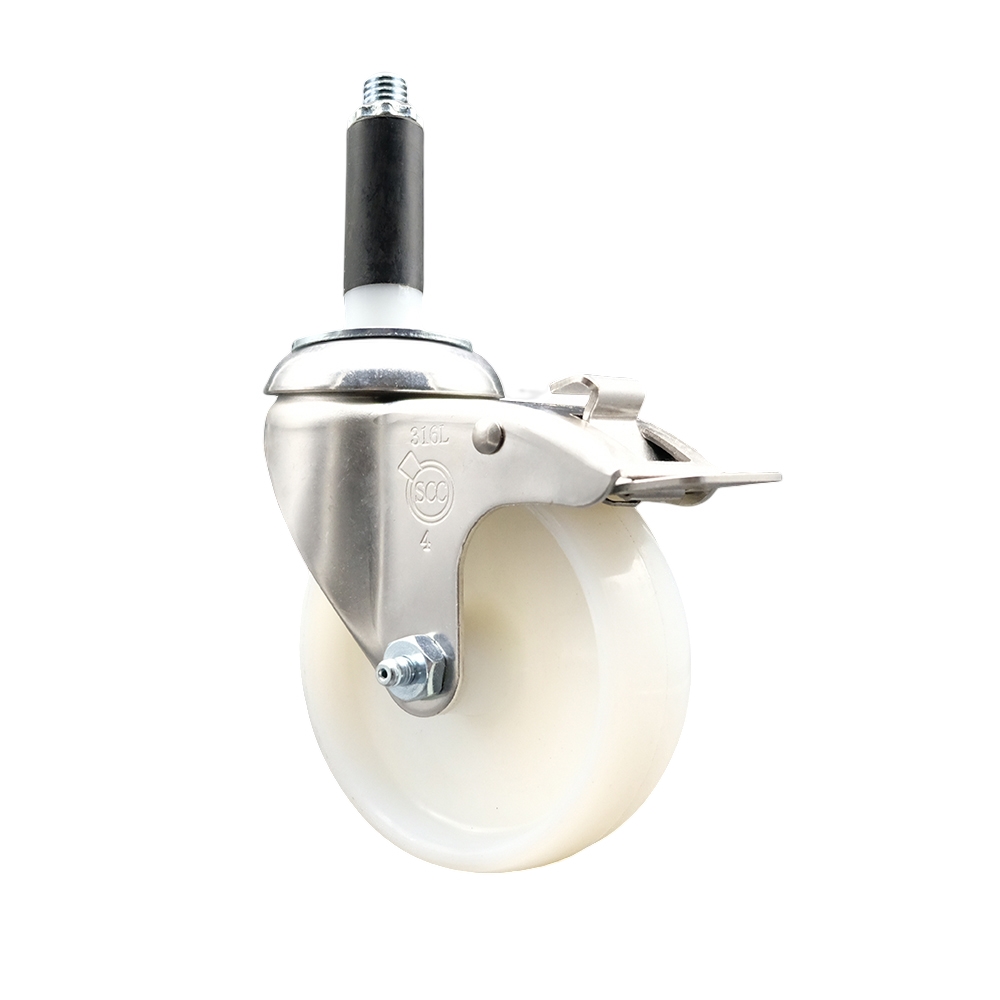 Nylon Swivel Stem Caster with 4 in. White Caster Wheel & Total Lock Brake, 0.87 in. Expanding Stem - 316 Stainless Steel Caster
