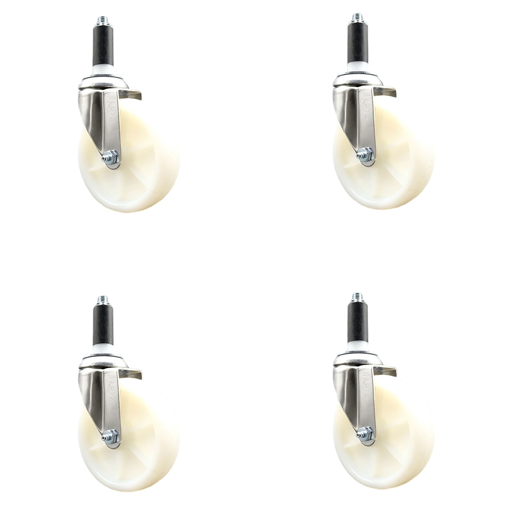 Nylon Swivel Stem Caster with 5 in. White Caster Wheels, 1.13 in. Expanding Stems - 316 Stainless Steel Casters - Set of 4