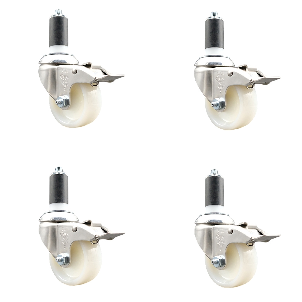 Nylon Swivel Stem Caster with 3 in. Caster Wheels, 1.25 in. Expanding Stems - 316 Stainless Steel Casters - Set of 4
