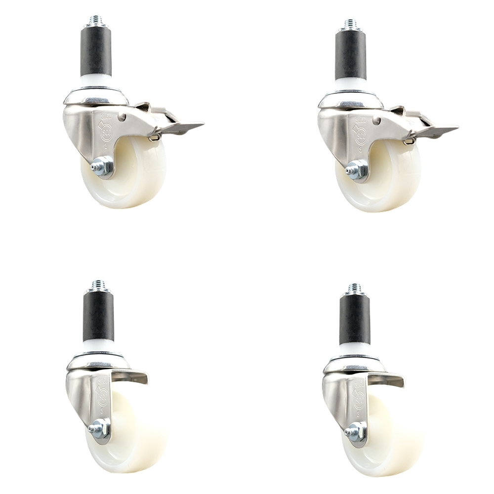 Nylon Swivel Stem Caster with 3 in. Caster Wheels, 1.25 in. Expanding Stem - 316 Stainless Steel Casters - Set of 4