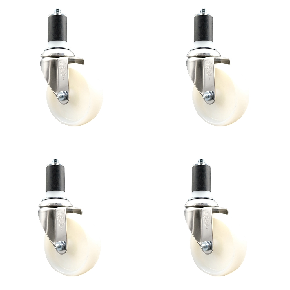 Nylon Swivel Stem Caster with 4 in. White Caster Wheels, 1.63 in. Expanding Stems - 316 Stainless Steel Casters - Set of 4