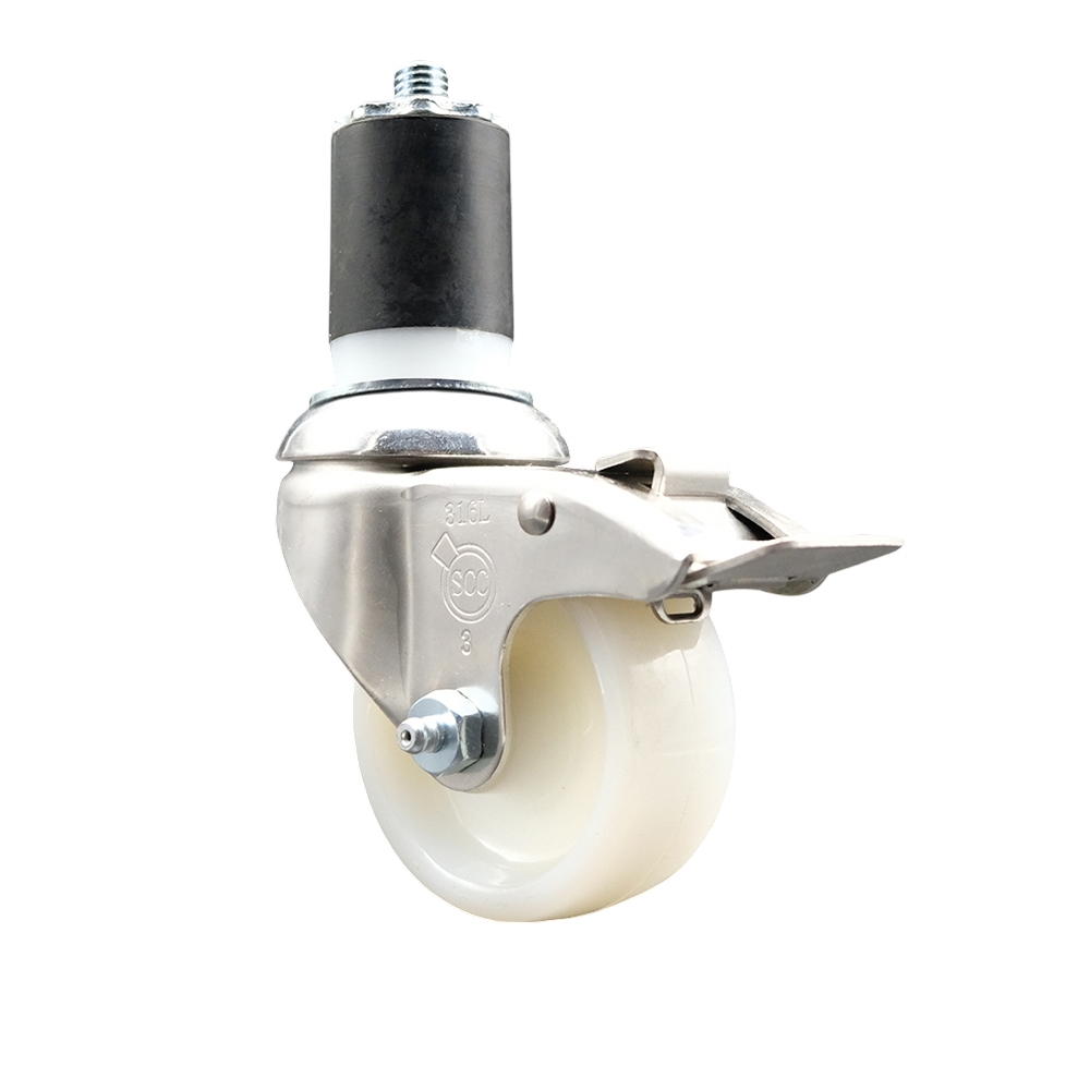 Nylon Swivel Stem Caster with 3 in. White Caster Wheel & Total Lock Brake, 1.75 in. Expanding Stem - 316 Stainless Steel Caster