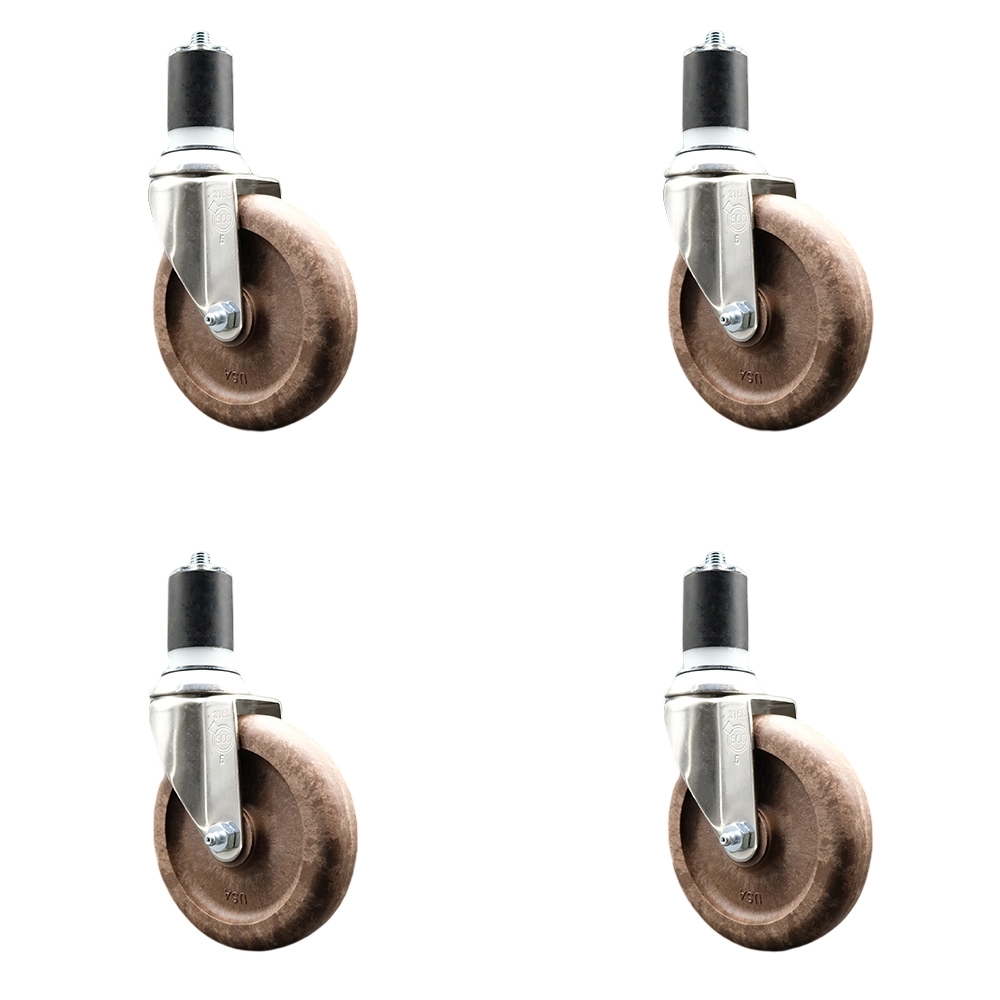 High Temperature Glass Filled Nylon Swivel Stem Caster with 5 in. Brown Caster Wheel - 316 Stainless Steel Casters - Set of 4