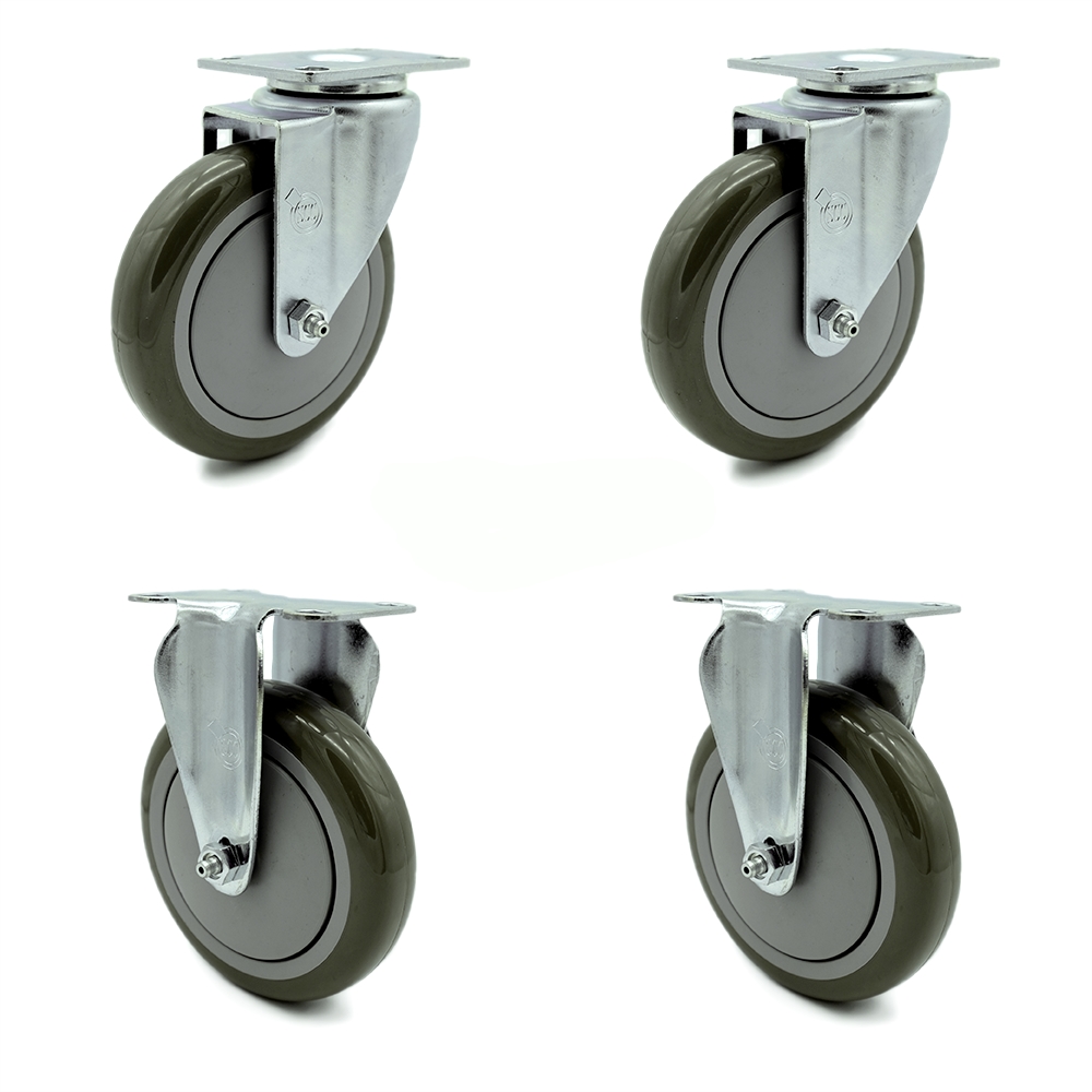 SCC-20S514-PPUB-TP2-2-R-2 Swivel Caster with 2 Rigid Casters 5 in. Gray Polyurethane Wheel 3.13 x 4.13 in. Overall Top Plate - Set of 4