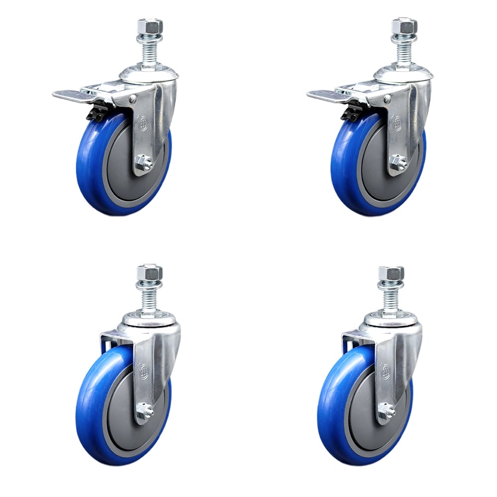 Stainless Steel Polyurethane Swivel Threaded Stem Caster with 5 x 1.25 in. Blue Wheels & 0.5 in. Stems - Set of 4