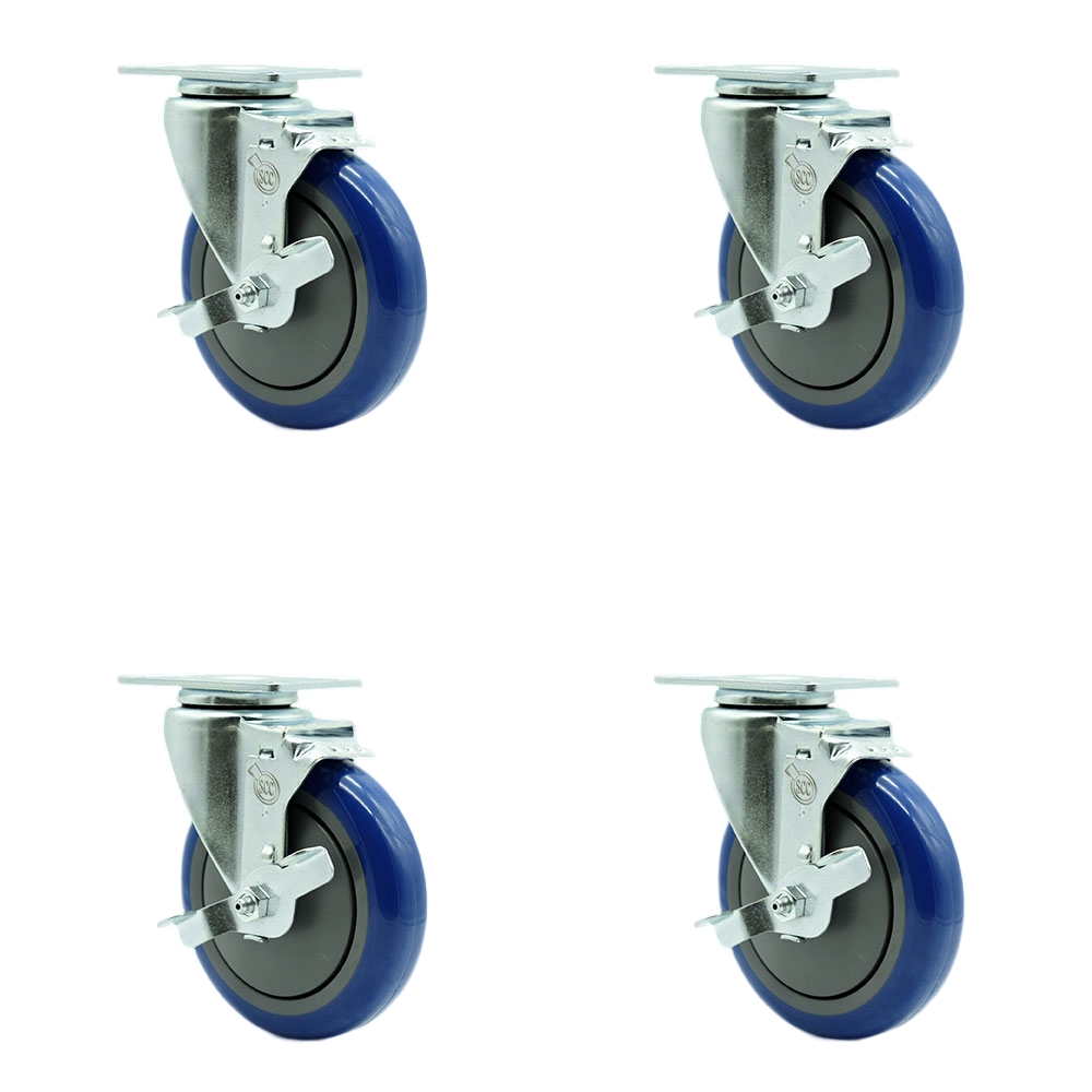 SCC-20S514-PPUB-BLUE-TLB-TP2-4 Swivel Caster with Brakes & 5 in. Blue Polyurethane Wheel 3.13 x 4.13 in. Overall Top Plate - Set of 4