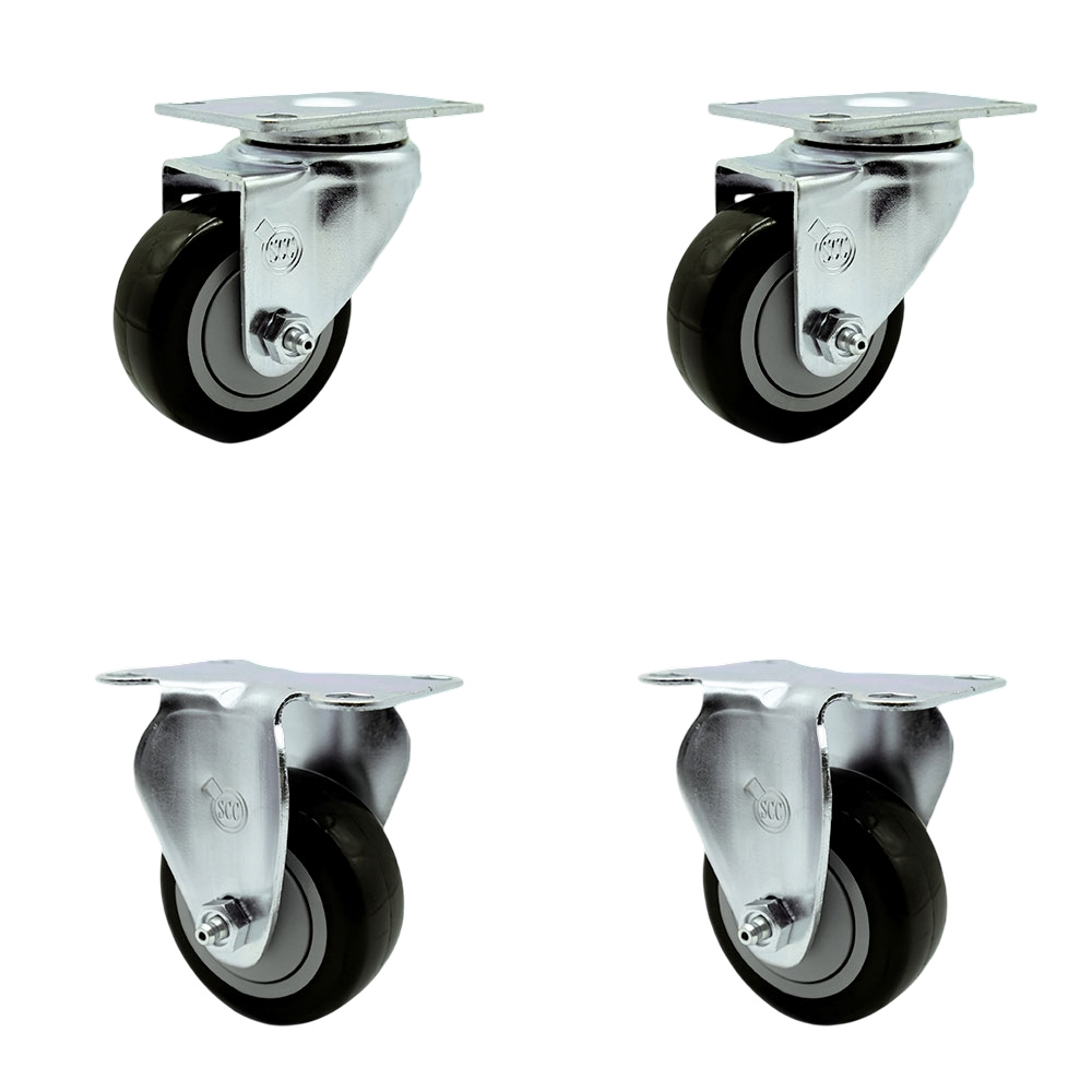 SCC-20S3514-PPUB-BLK-TP3-2-R-2 Swivel Caster with 2 Rigid Casters 3.5 in. Black Polyurethane Wheel 4 x 4.5 in. Overall Top Plate - Set of 4