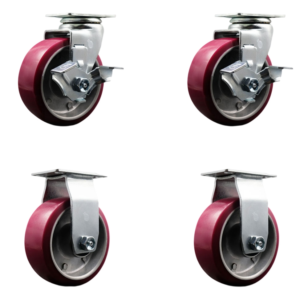 SCC-20S520-PAR-TLB-2-R-2 Swivel & Rigid Plate Caster Set Maroon 5 in. by 2 in. Polyurethane on Aluminum Wheel Roller Bearing