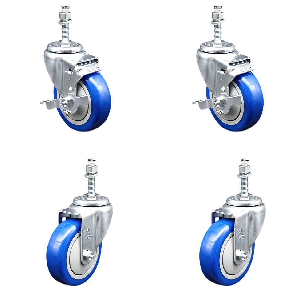 Stainless Steel Polyurethane Swivel Threaded Stem Caster with 4 x 1.25 in. Blue Wheels & 10 mm Stems - Set of 4