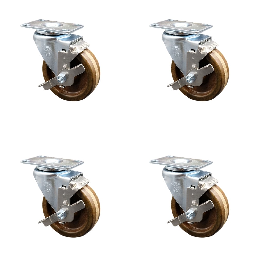 High Temperature Swivel Caster with Brakes & 4 in. High Temperature Phenolic Wheel 3.13 x 4.13 in. Overall Top Plate - Set of 4