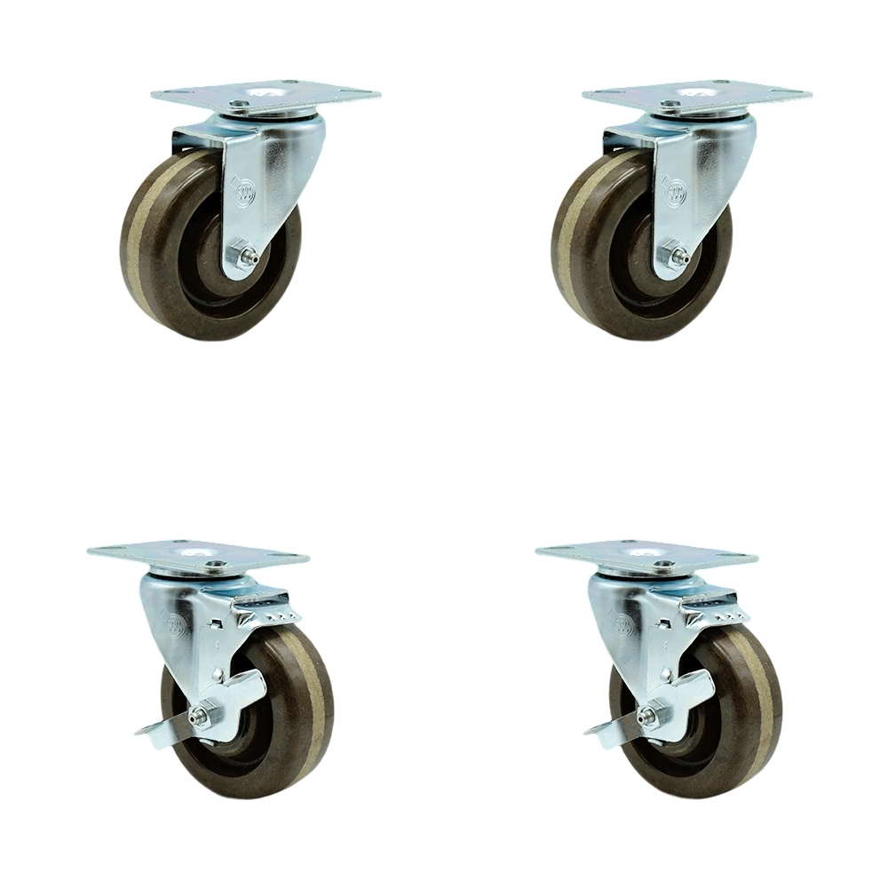 High Temperature Swivel Caster with 2 Brakes & 4 in. High Temperature Phenolic Wheel 3.13 x 4.13 in. Overall Top Plate - Set of 4