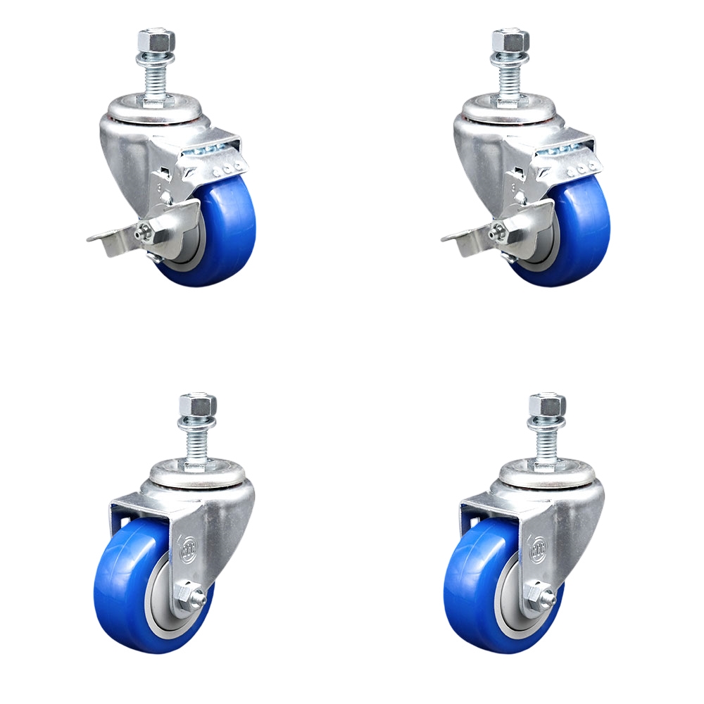 SCC-TS20S314-PPUB-BLUE-TLB-M1215-2-S-2 Polyurethane Swivel Threaded Stem Caster with 3 x 1.25 in. Blue Wheels & 12 mm Stems - Set of 4
