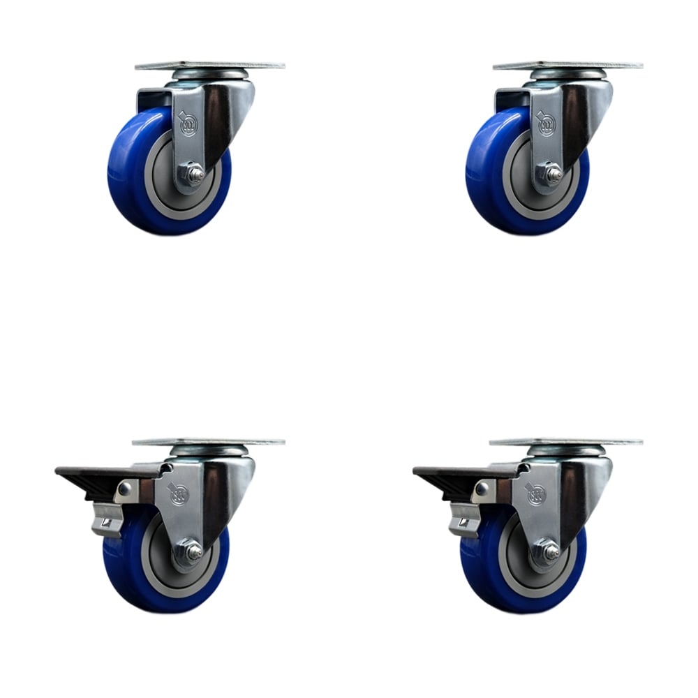 SCC-20S3514-PPUB-BLUE-2-PLB-2 Polyurethane Swivel Top Plate Caster with 3.5 in. Blue Wheels - Set of 4