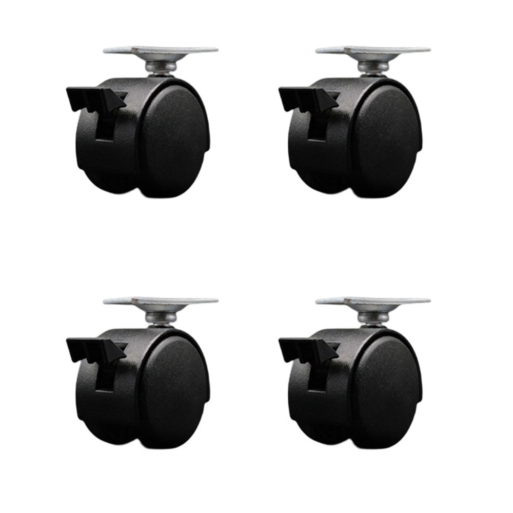2 in. Swivel Caster For Furniture-Nylon Flat Black Metal Hooded Twin Wheel & Brake - 1.188 in. by 2 in. Overall Top Plate Casters - Set of 4