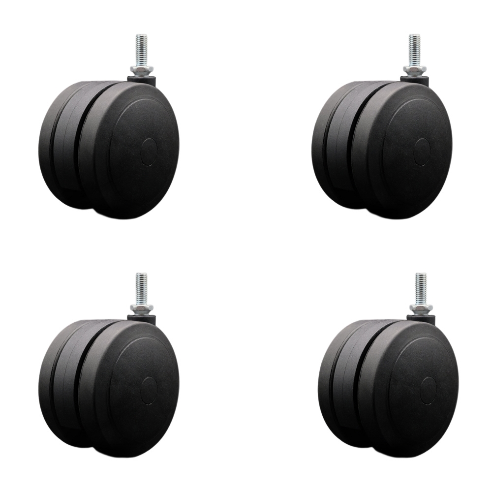 4 in. Extra Large Heavy Duty Floor Safe Office Chair Wheels Black Non-Marking Twin Wheels 0.38 in. - 16 TPI x 1 in. Threaded Stems - Set of 4