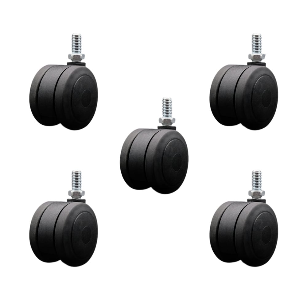 3 in. Extra Large Heavy Duty Floor Safe Office Chair Wheels Black Non-Marking Twin Wheels 0.5 in. - 13 TPI x 1 in. Threaded Stems - Set of 5
