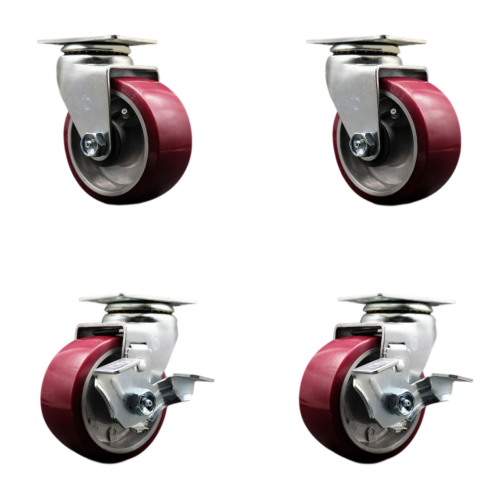 SCC-20S420-PAR-2-TLB-2 Swivel Top Plate Caster Set Maroon 4 in. by 2 in. Poly on Aluminum Wheel Roller Bearing