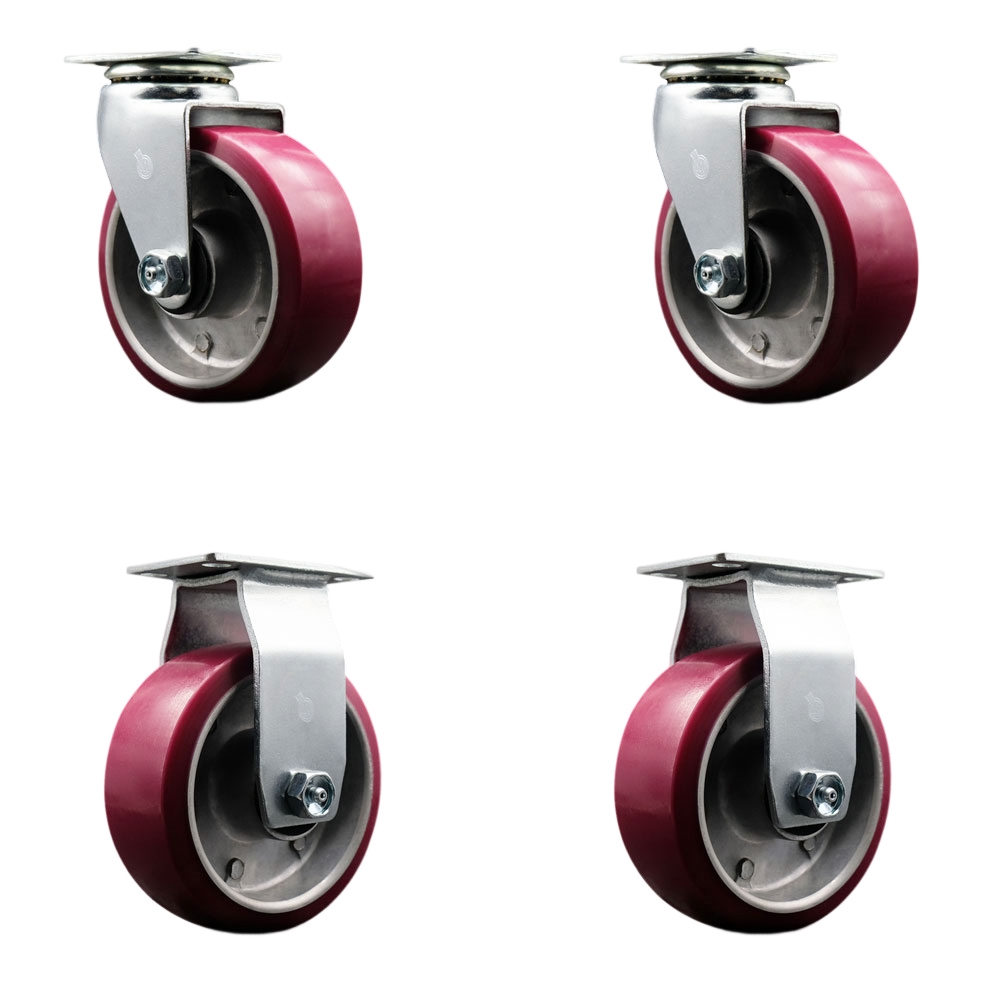 SCC-20S520-PAR-2-R-2 Swivel & Rigid Top Plate Caster Set Maroon 5 in. by 2 in. Polyurethane on Aluminum Wheel Roller Bearing